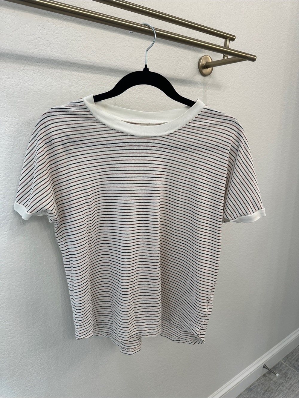 Madewell White Tee with Navy and Red Microstripes